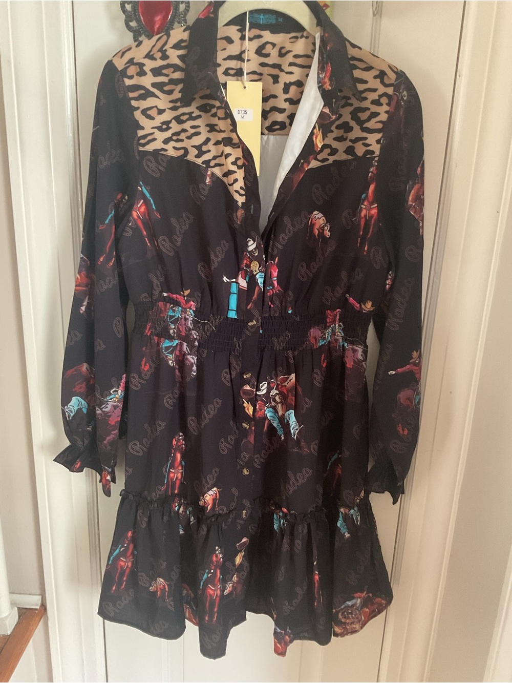 Fashion Express Black Western Print Ruffle Dress with Leopard Yoke